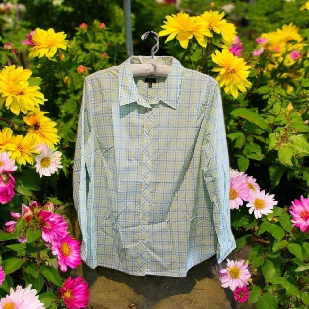 Talbots Plaid Long Sleeve Button Up Shirt Womens Size XL Cotton Blue Yellow Grn